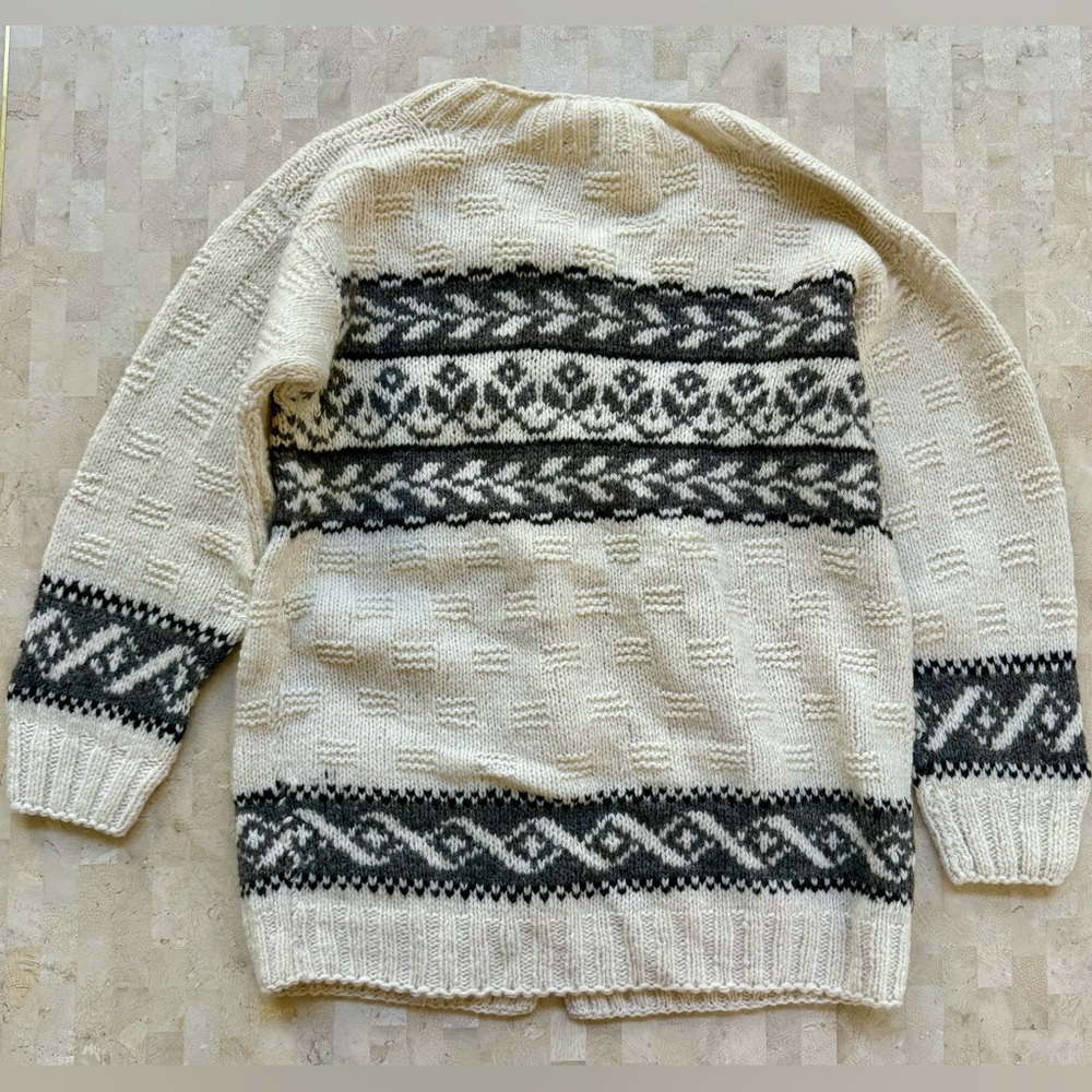 VINTAGE Wool Chunky Heavyweight Hand knit Mohair Fair Isle Cardigan Sweater M - Picture 7 of 9